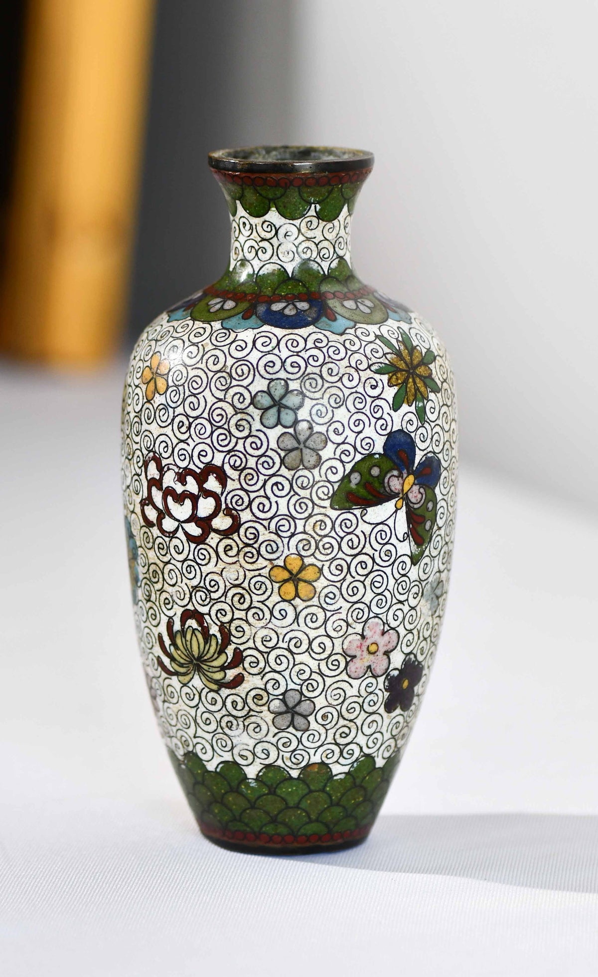 Green & White Cloisonné Vase with Butterflies, 6"