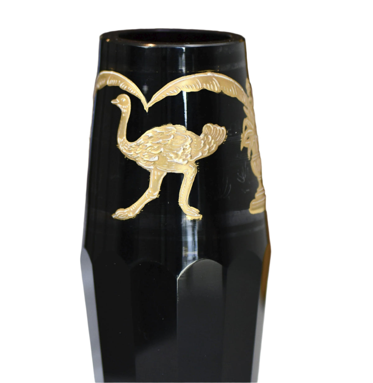 Moser Style Vintage Black and Gold Glass Vase, 6"