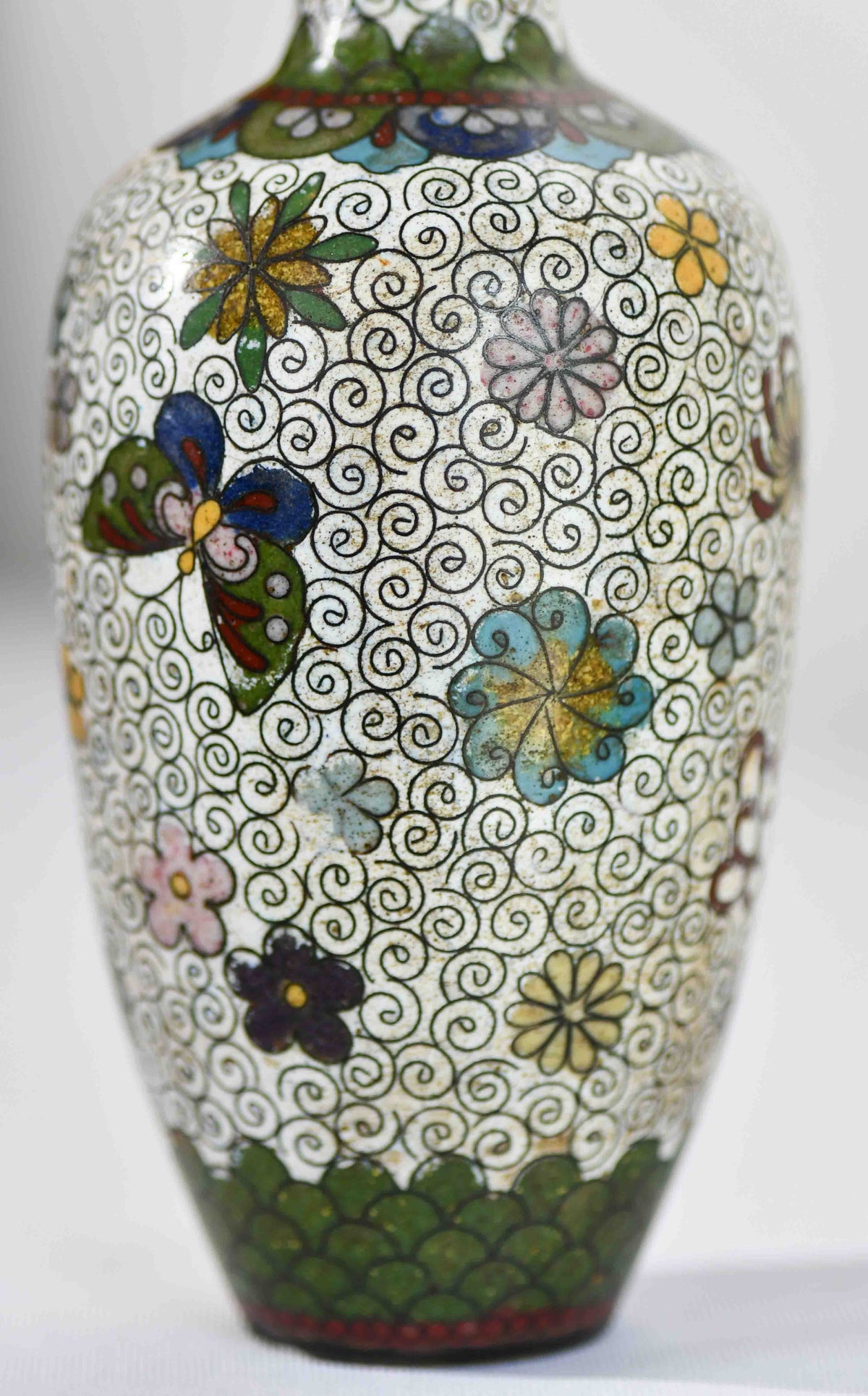 Green & White Cloisonné Vase with Butterflies, 6"
