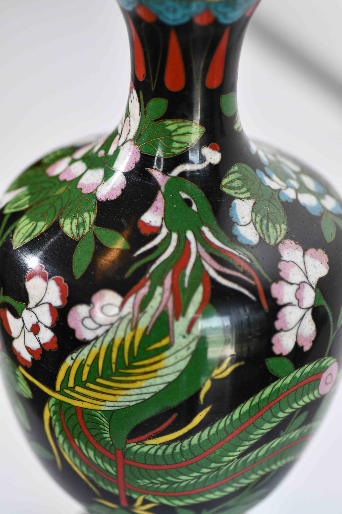 Black Cloisonné Vintage Peacock Vase, 9"