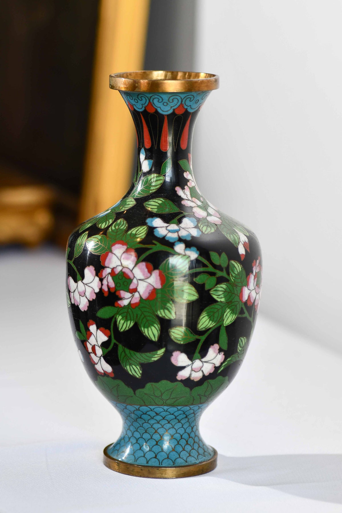 Black Cloisonné Vintage Peacock Vase, 9"