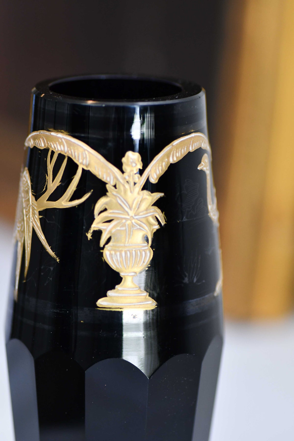 Moser Style Vintage Black and Gold Glass Vase, 6"