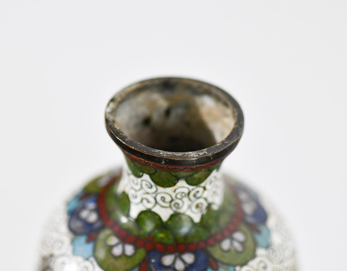 Green & White Cloisonné Vase with Butterflies, 6"