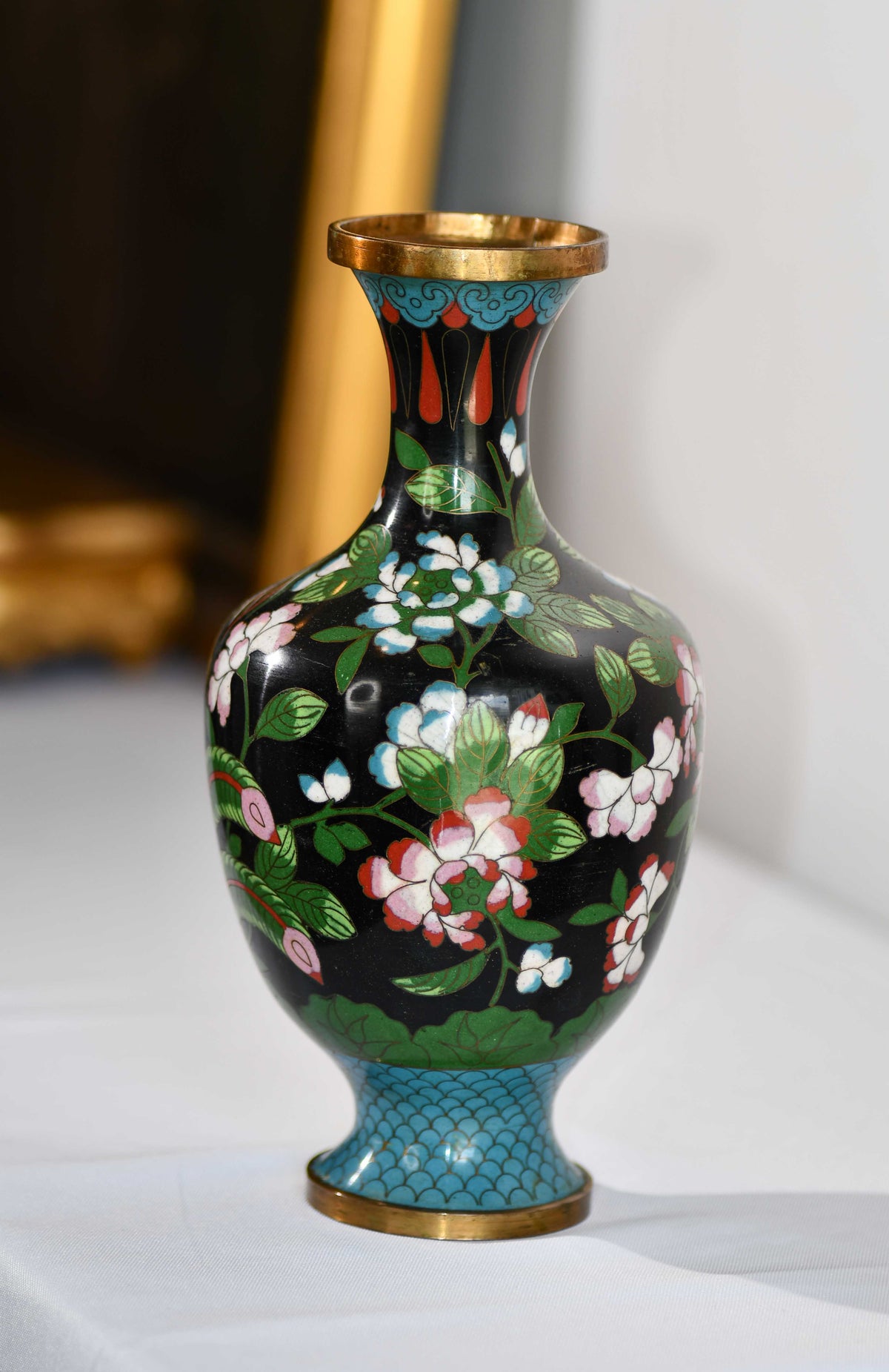 Black Cloisonné Vintage Peacock Vase, 9"