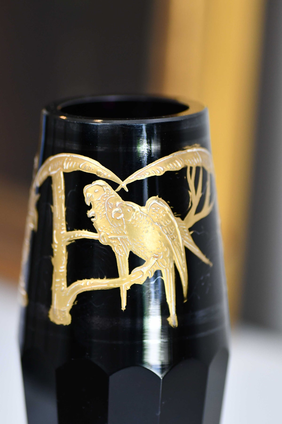 Moser Style Vintage Black and Gold Glass Vase, 6"