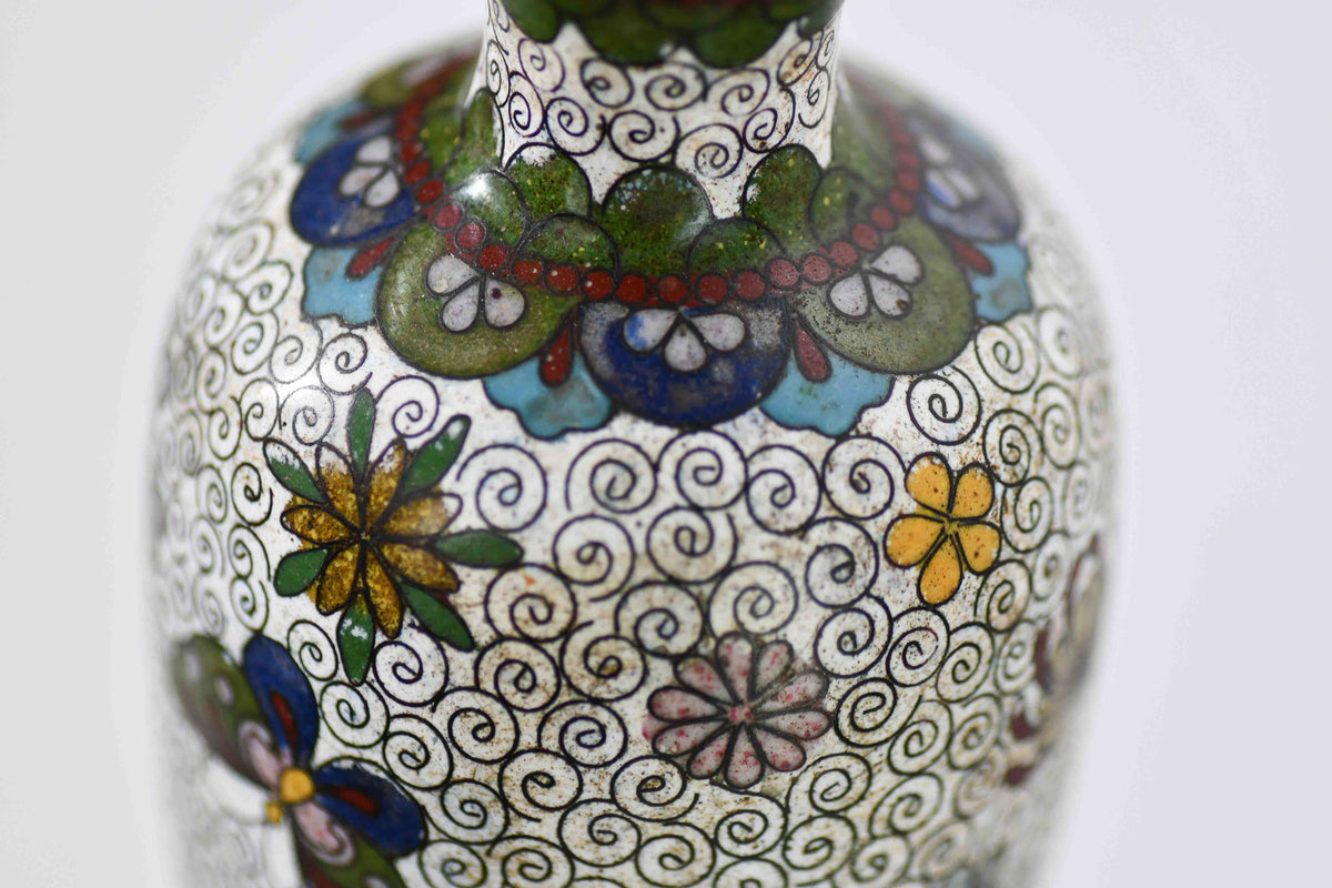 Green & White Cloisonné Vase with Butterflies, 6"