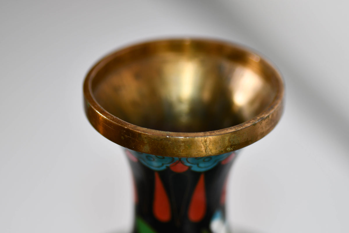 Black Cloisonné Vintage Peacock Vase, 9"