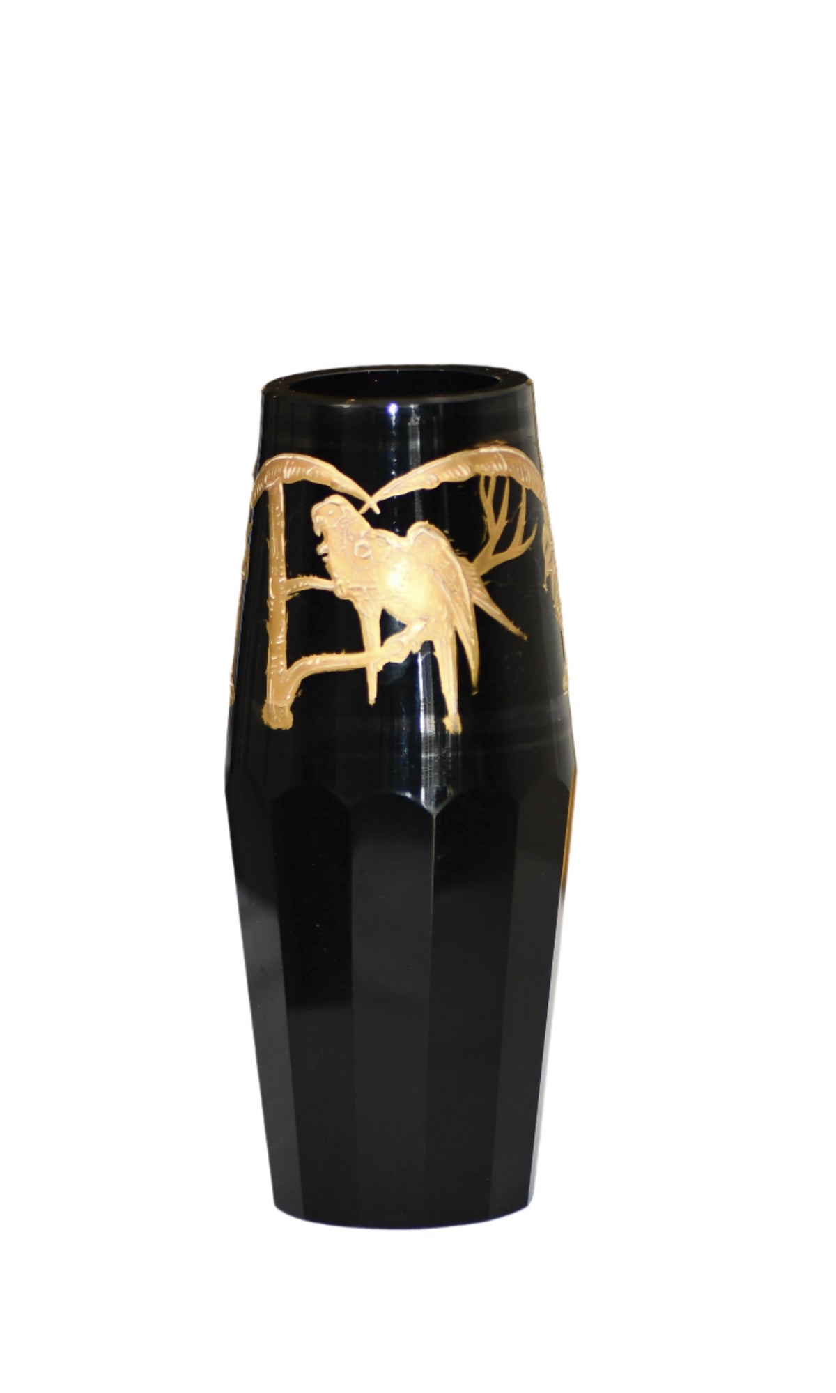 Moser Style Vintage Black and Gold Glass Vase, 6"