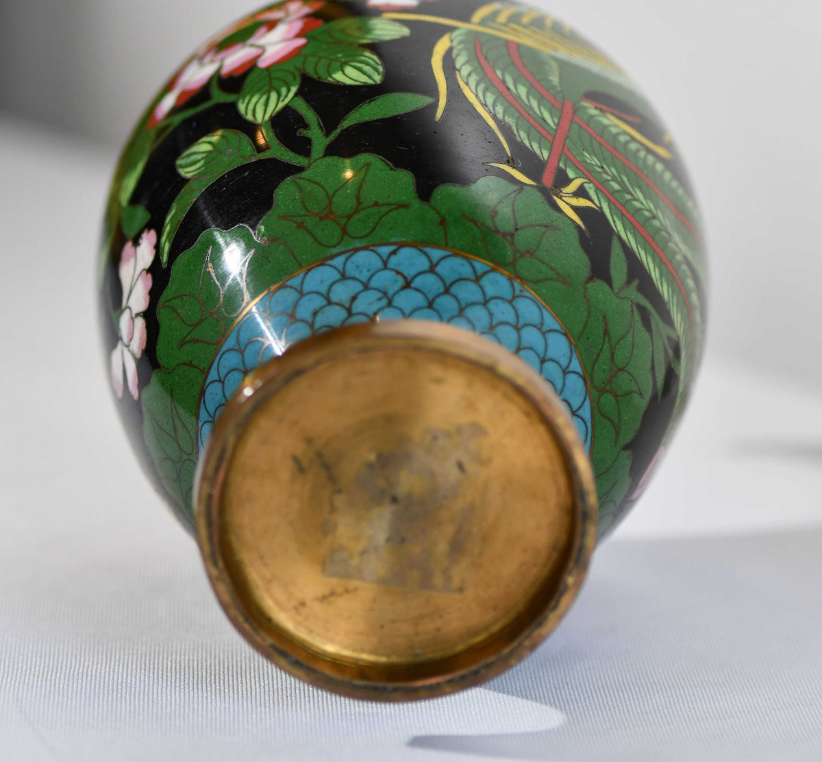 Black Cloisonné Vintage Peacock Vase, 9"