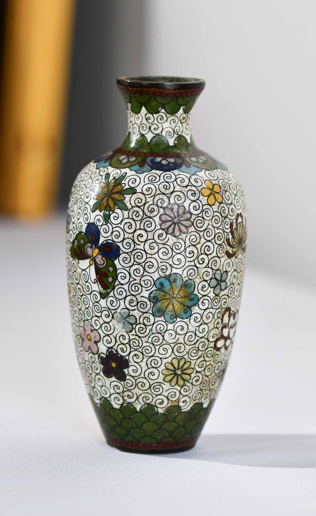 Green & White Cloisonné Vase with Butterflies, 6"