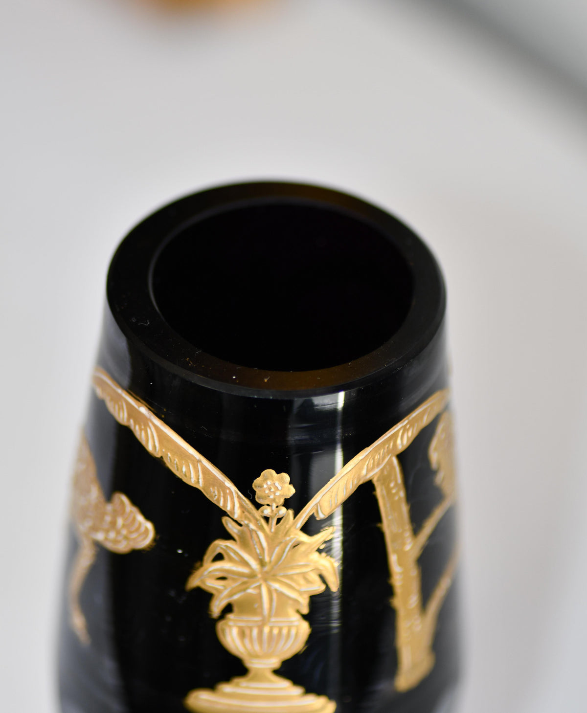 Moser Style Vintage Black and Gold Glass Vase, 6"