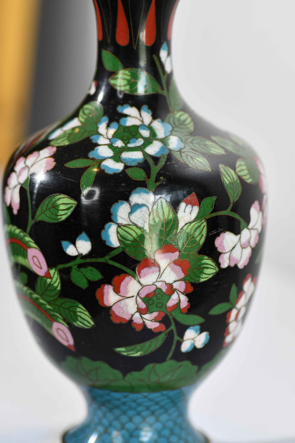 Black Cloisonné Vintage Peacock Vase, 9"