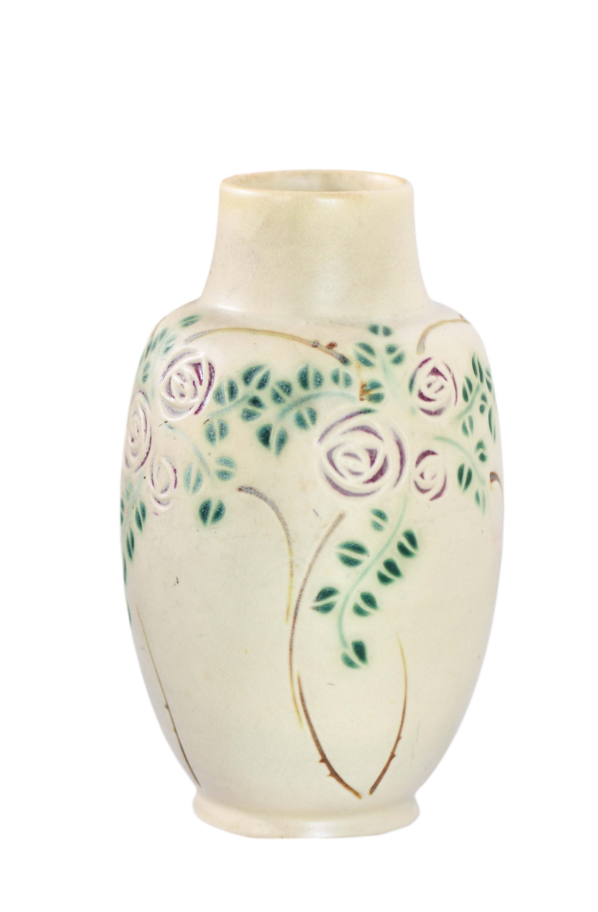 Roseville Beige Rose Vase, Vintage Velmoss Floral Vase, 8"