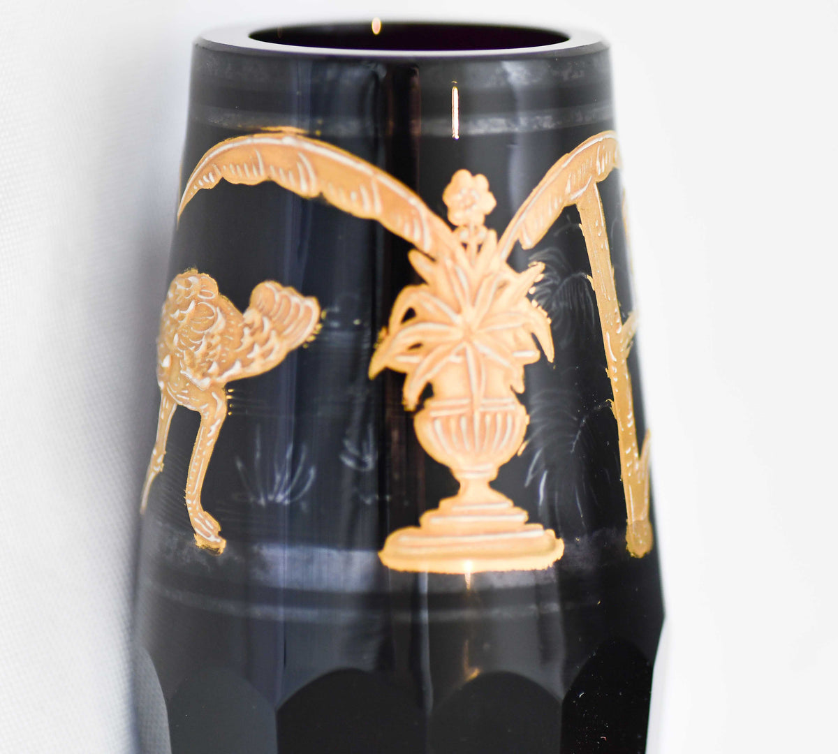 Moser Style Vintage Black and Gold Glass Vase, 6"