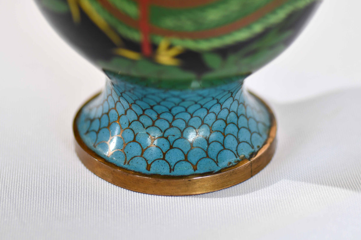 Black Cloisonné Vintage Peacock Vase, 9"