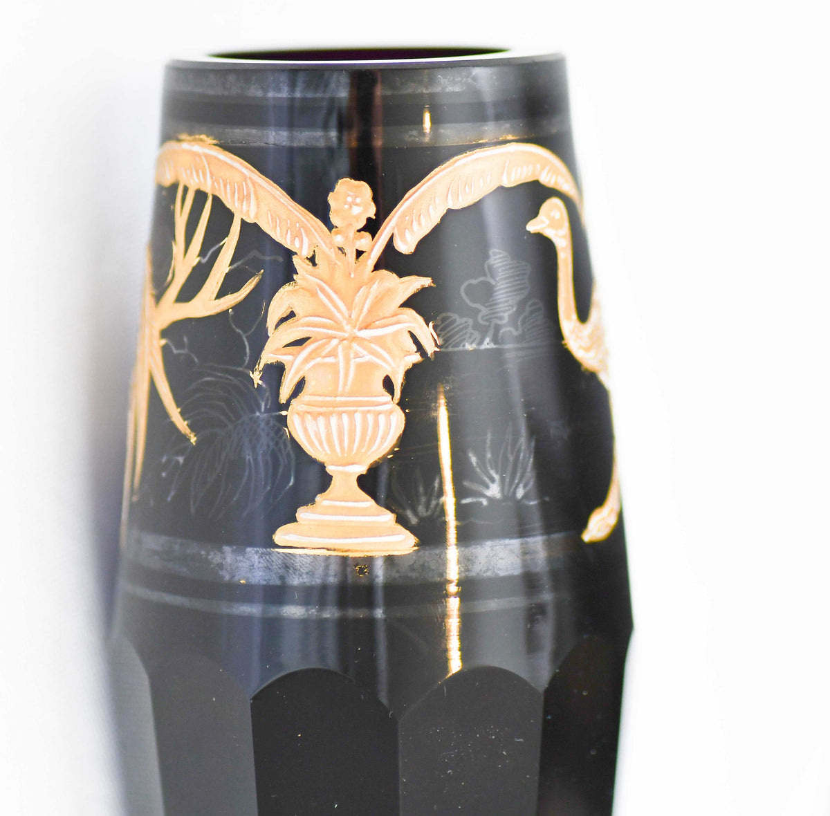 Moser Style Vintage Black and Gold Glass Vase, 6"