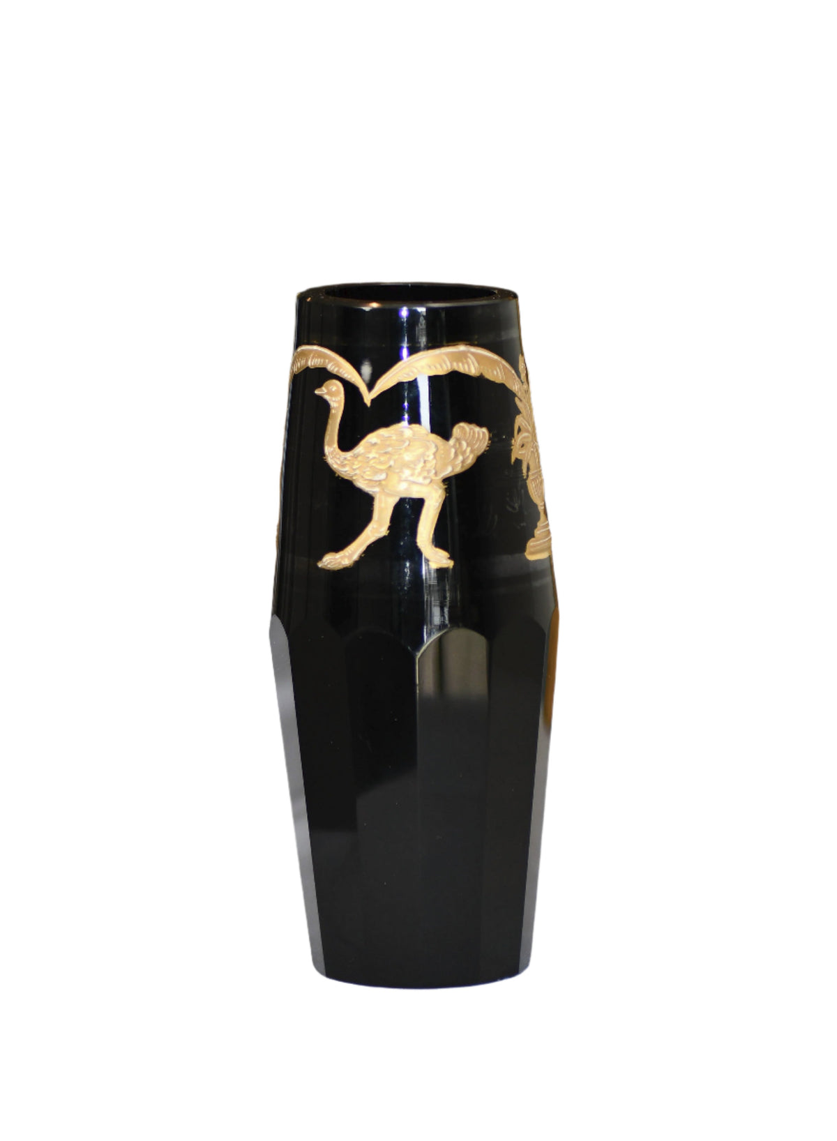 Moser Style Vintage Black and Gold Glass Vase, 6"