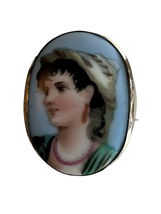Hand Painted Porcelain Brooch with Female