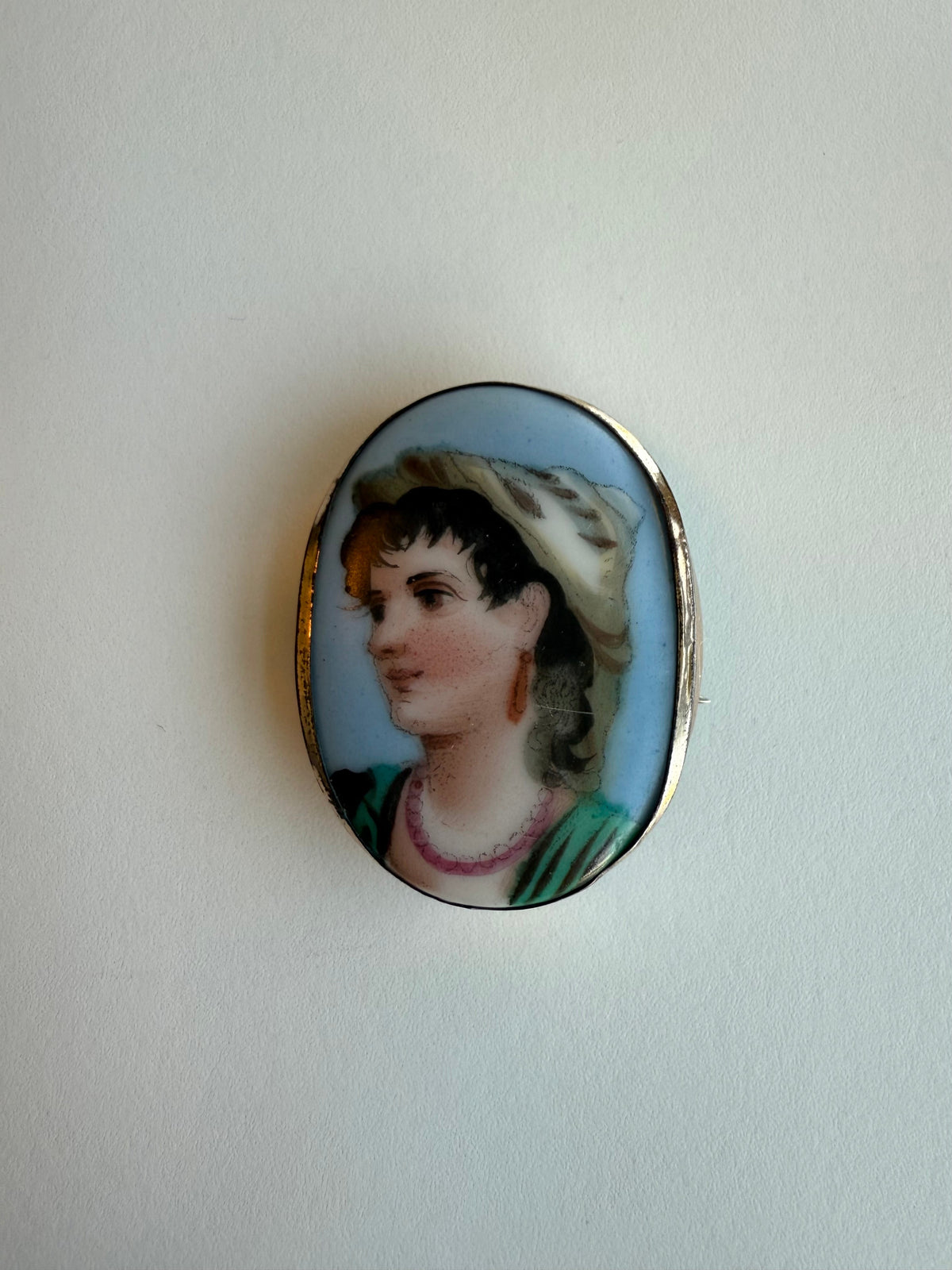Hand Painted Porcelain Brooch with Female