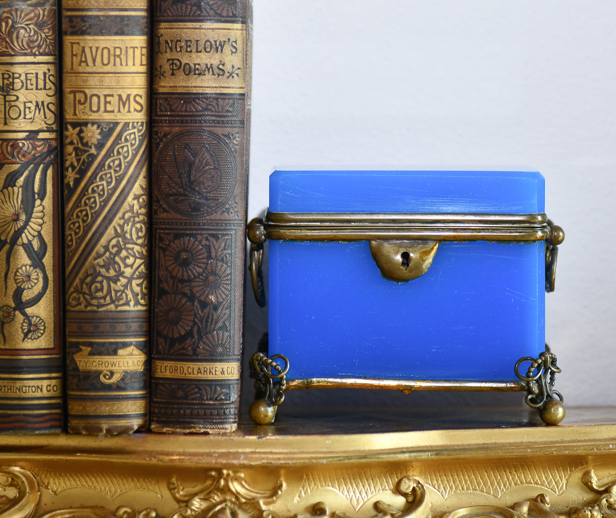 Blue Opaline Glass Casket Jewelry Box with Bronze Footings