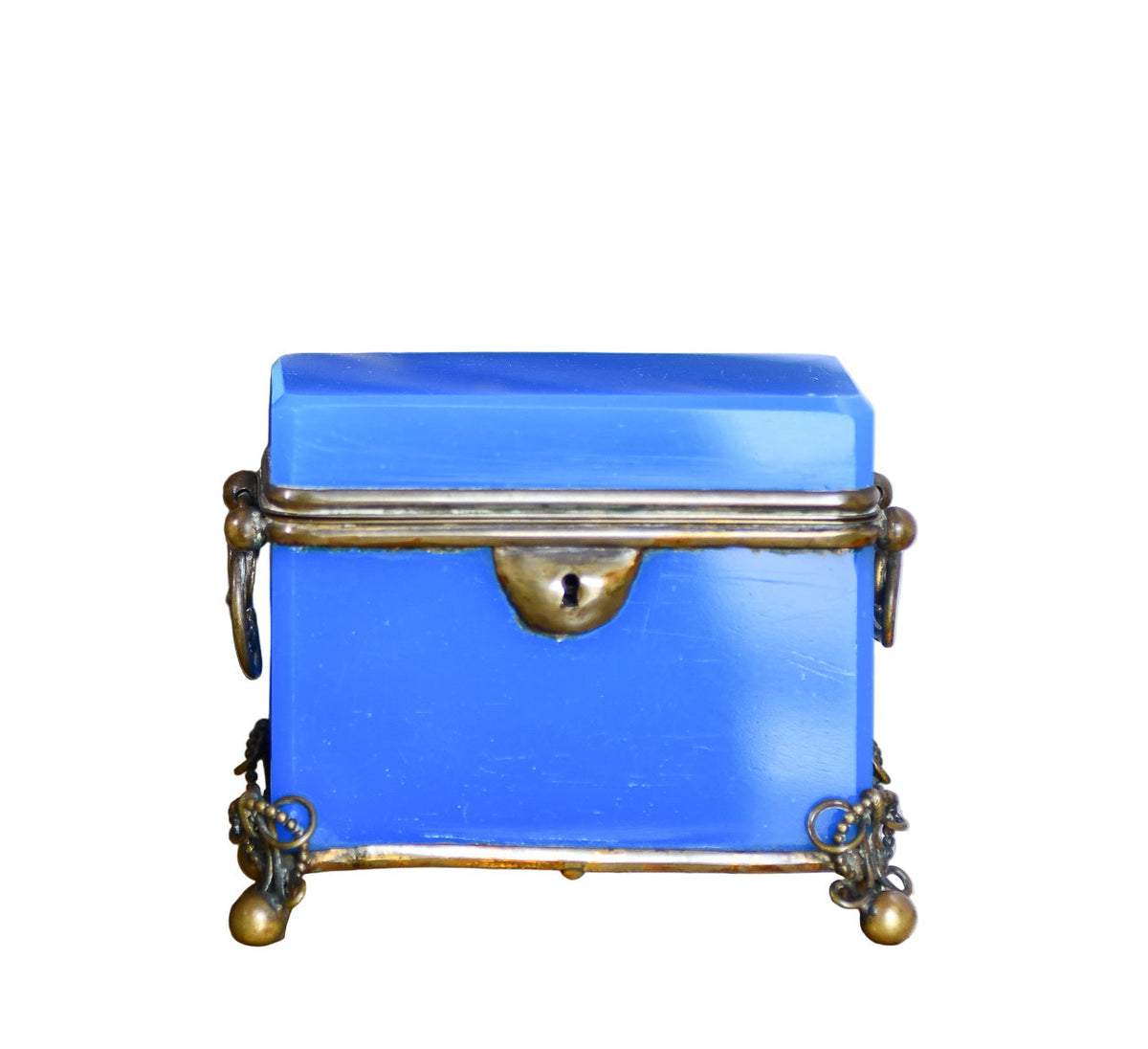 Blue Opaline Glass Casket Jewelry Box with Bronze Footings