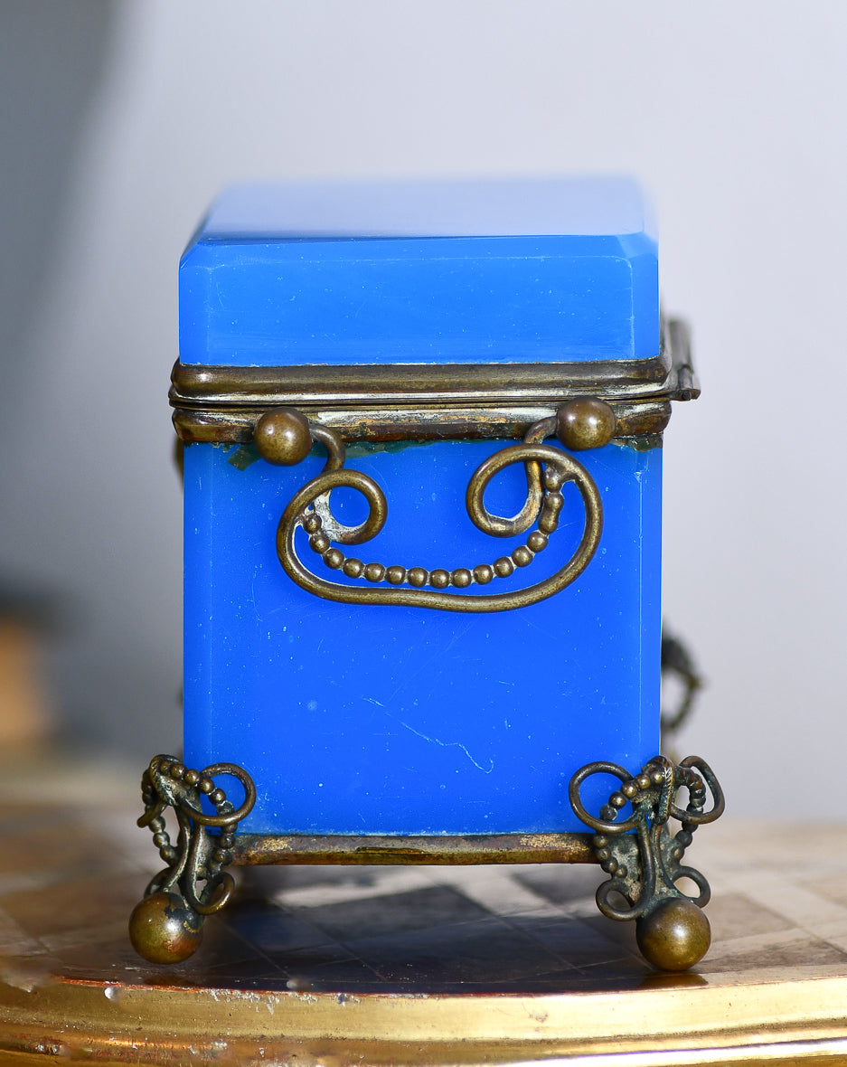 Blue Opaline Glass Casket Jewelry Box with Bronze Footings