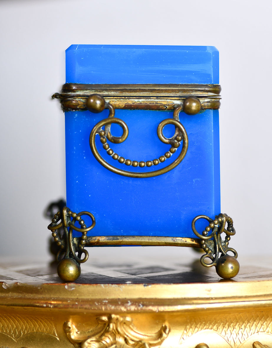 Blue Opaline Glass Casket Jewelry Box with Bronze Footings