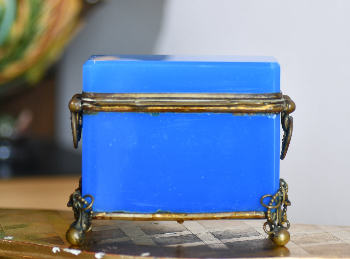 Blue Opaline Glass Casket Jewelry Box with Bronze Footings