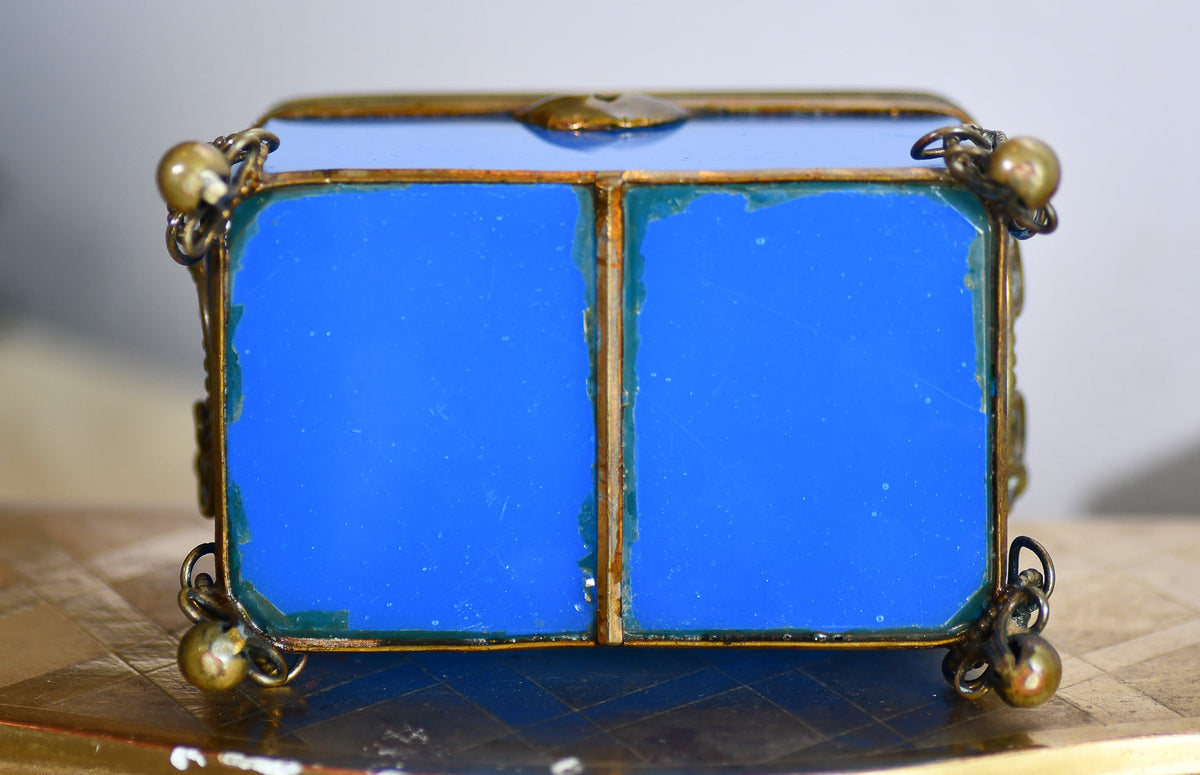 Blue Opaline Glass Casket Jewelry Box with Bronze Footings