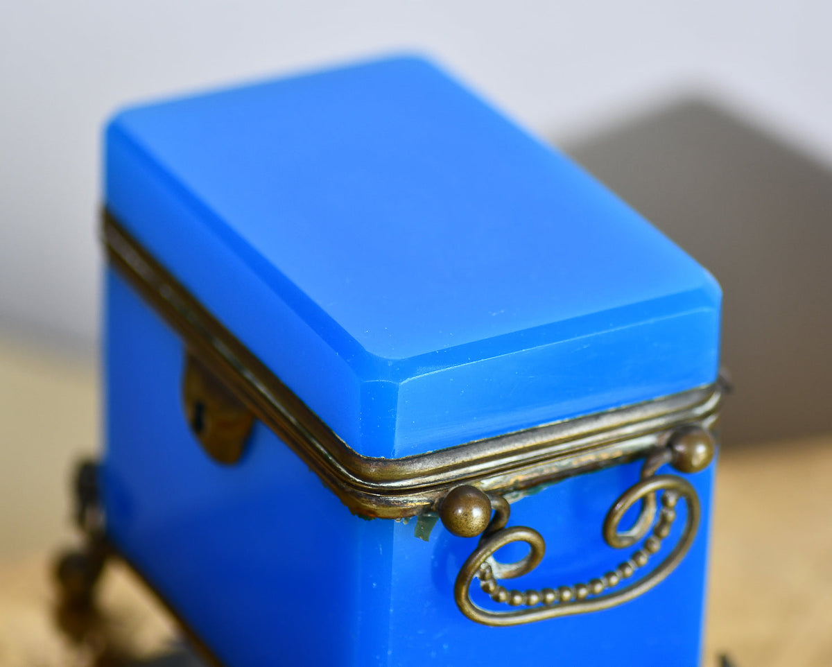 Blue Opaline Glass Casket Jewelry Box with Bronze Footings