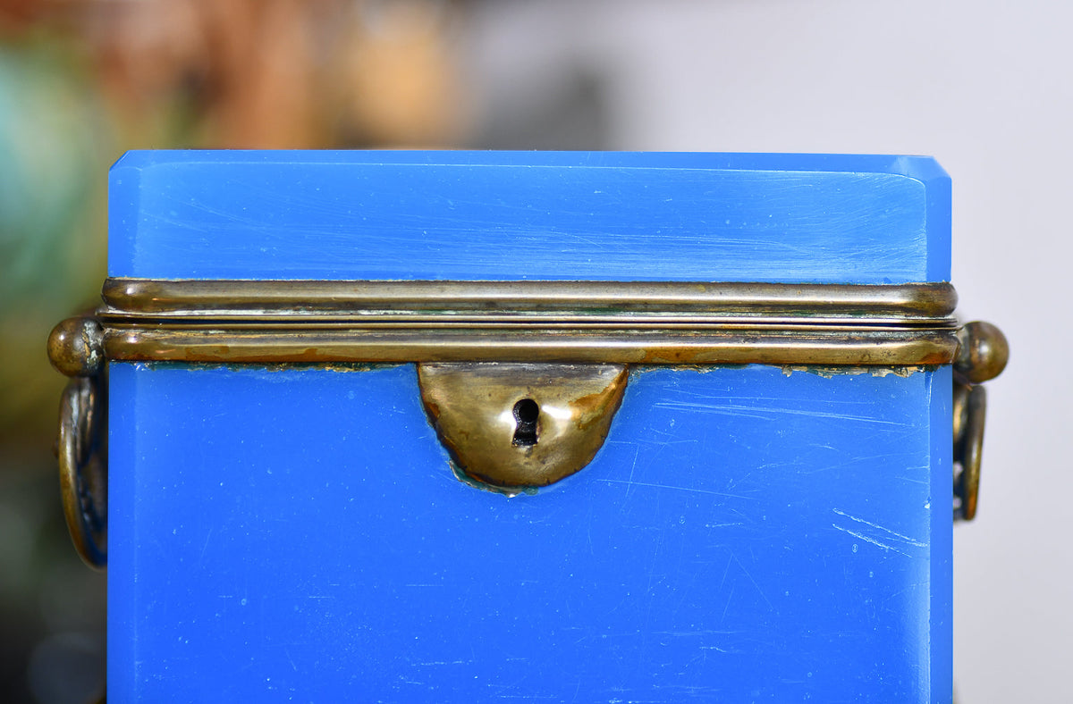 Blue Opaline Glass Casket Jewelry Box with Bronze Footings