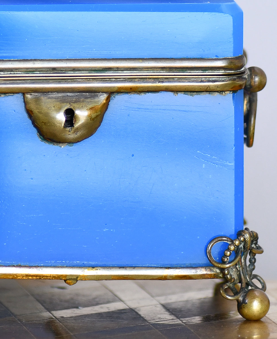 Blue Opaline Glass Casket Jewelry Box with Bronze Footings