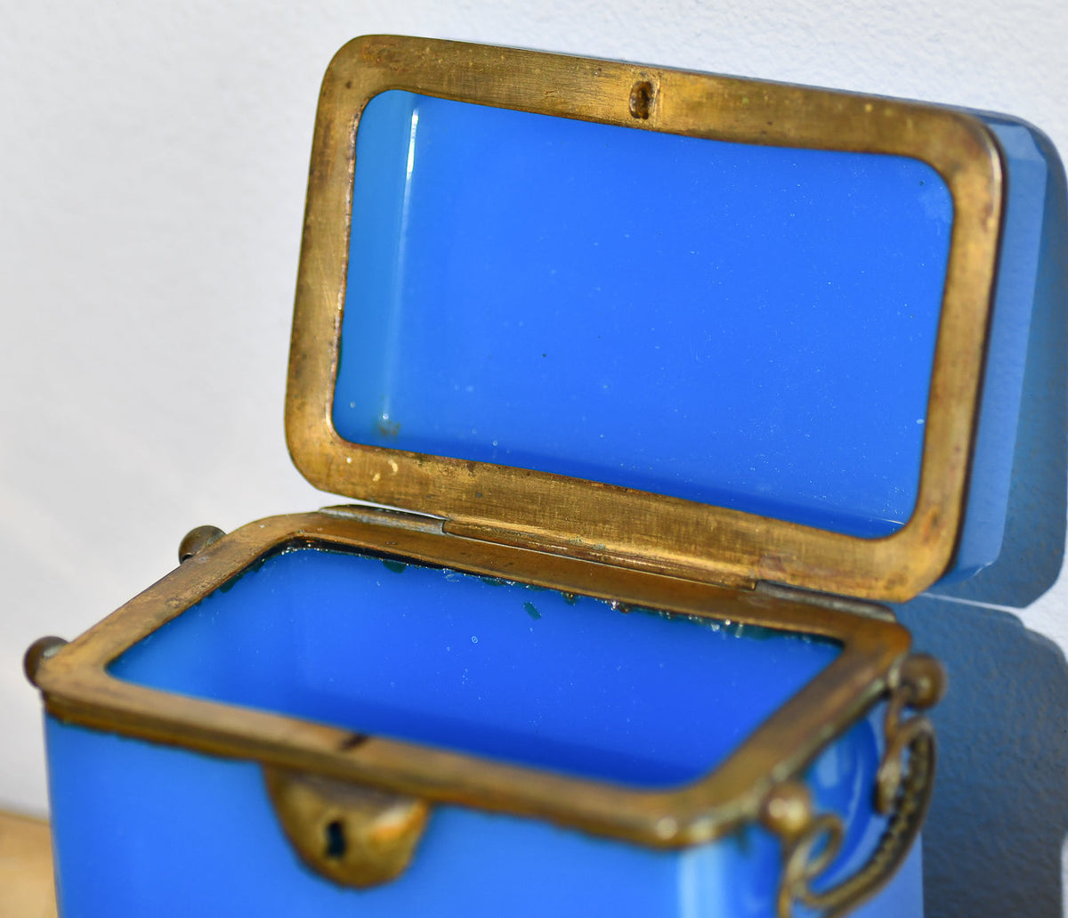 Blue Opaline Glass Casket Jewelry Box with Bronze Footings