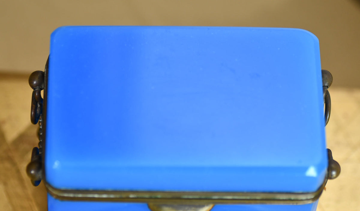 Blue Opaline Glass Casket Jewelry Box with Bronze Footings