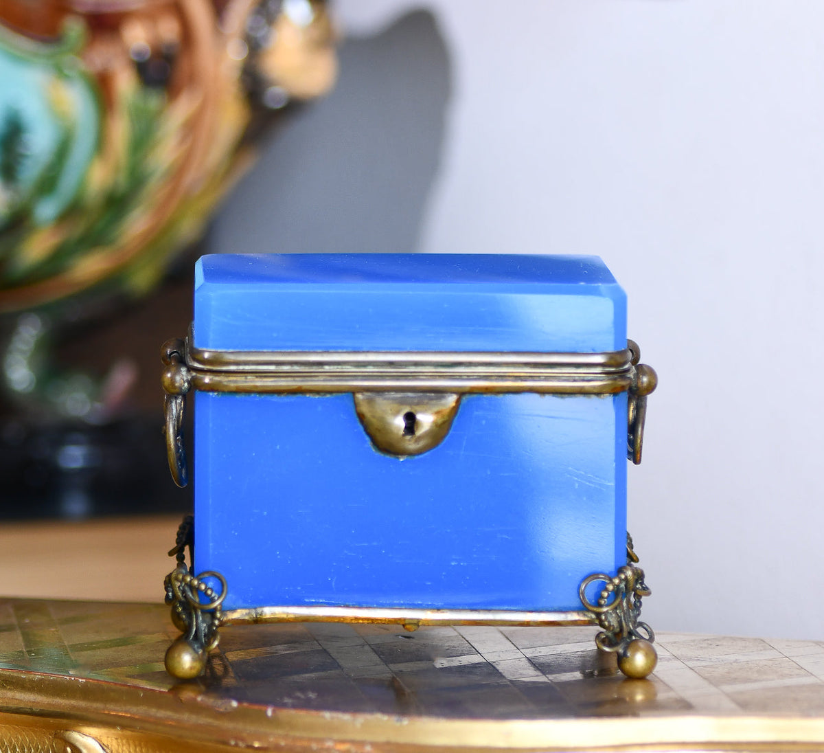 Blue Opaline Glass Casket Jewelry Box with Bronze Footings