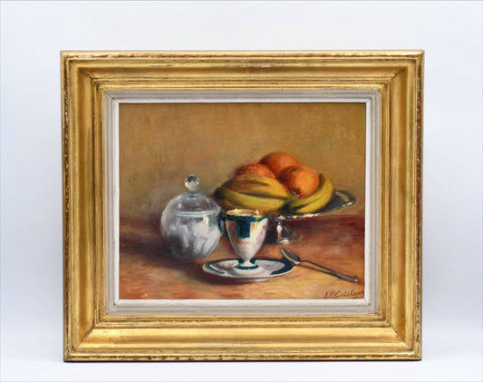 Gold Framed Still Life Oil Painting of Fruit Dining Table, 13”
