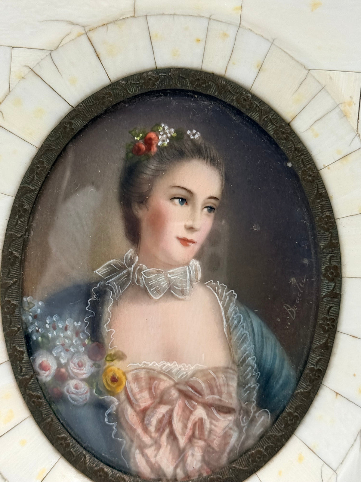 Madame Pompadour Hand Painted Miniature Portrait, 5” DSM Vintage