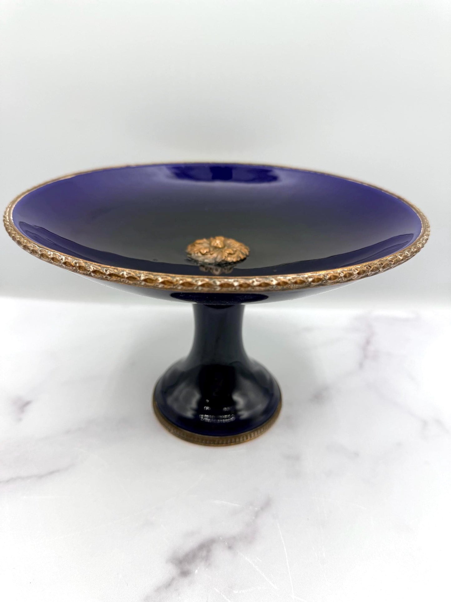 French Blue Cobalt Tazza with Ormolu, 9”