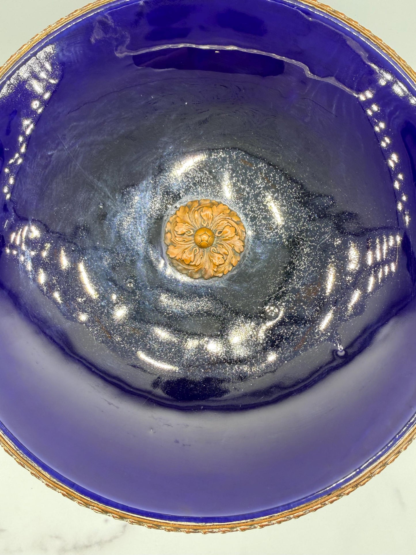 French Blue Cobalt Tazza with Ormolu, 9”