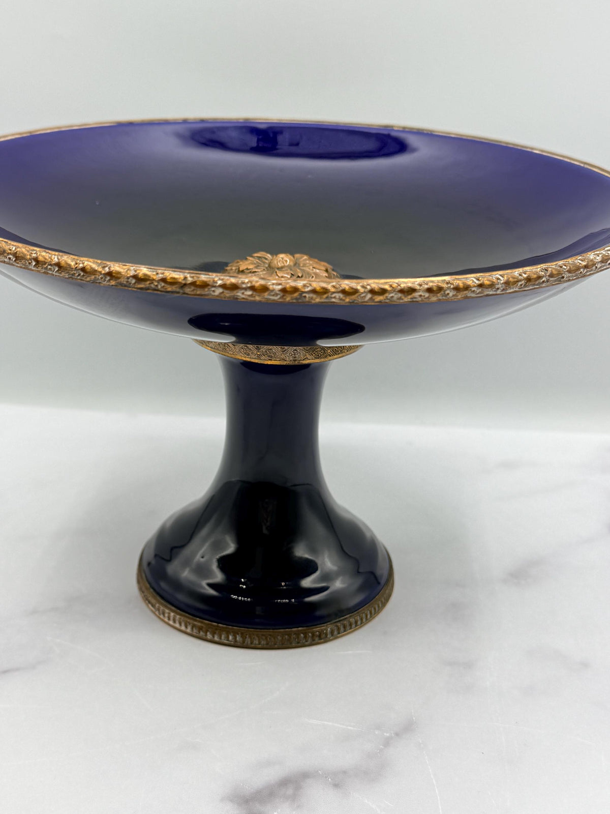 French Blue Cobalt Tazza with Ormolu, 9”