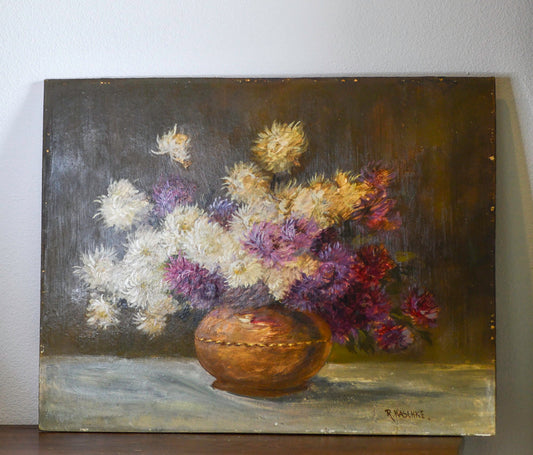 Vintage Purple Floral Still Life Painting by R Kaslhke