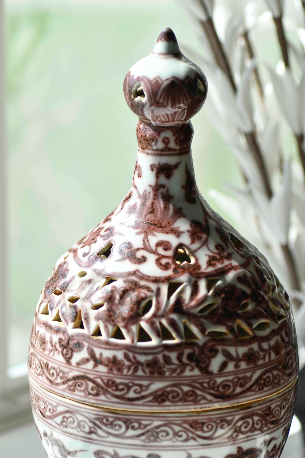 Large Incense Burner with Red Underglaze, 15"