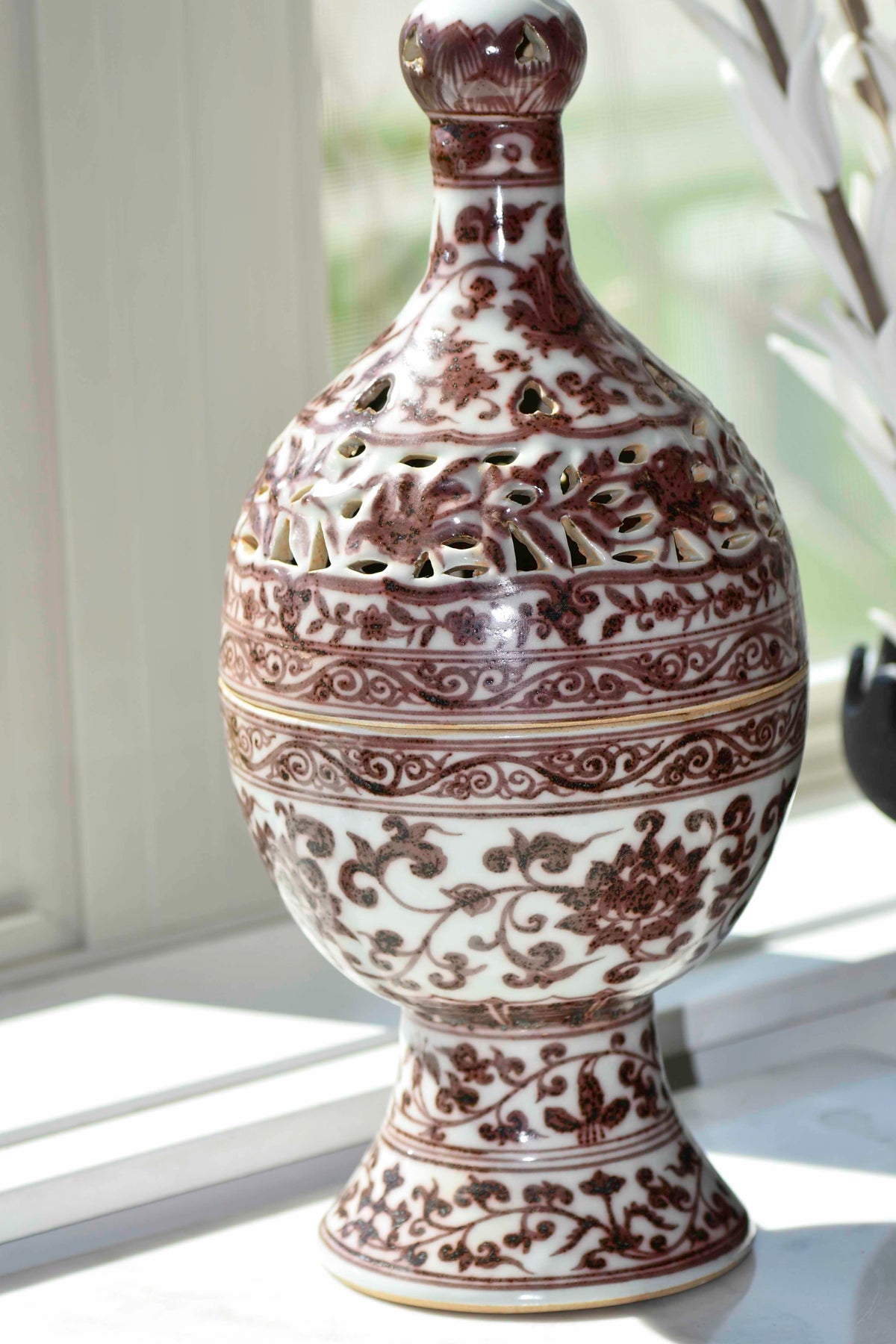Large Incense Burner with Red Underglaze, 15"