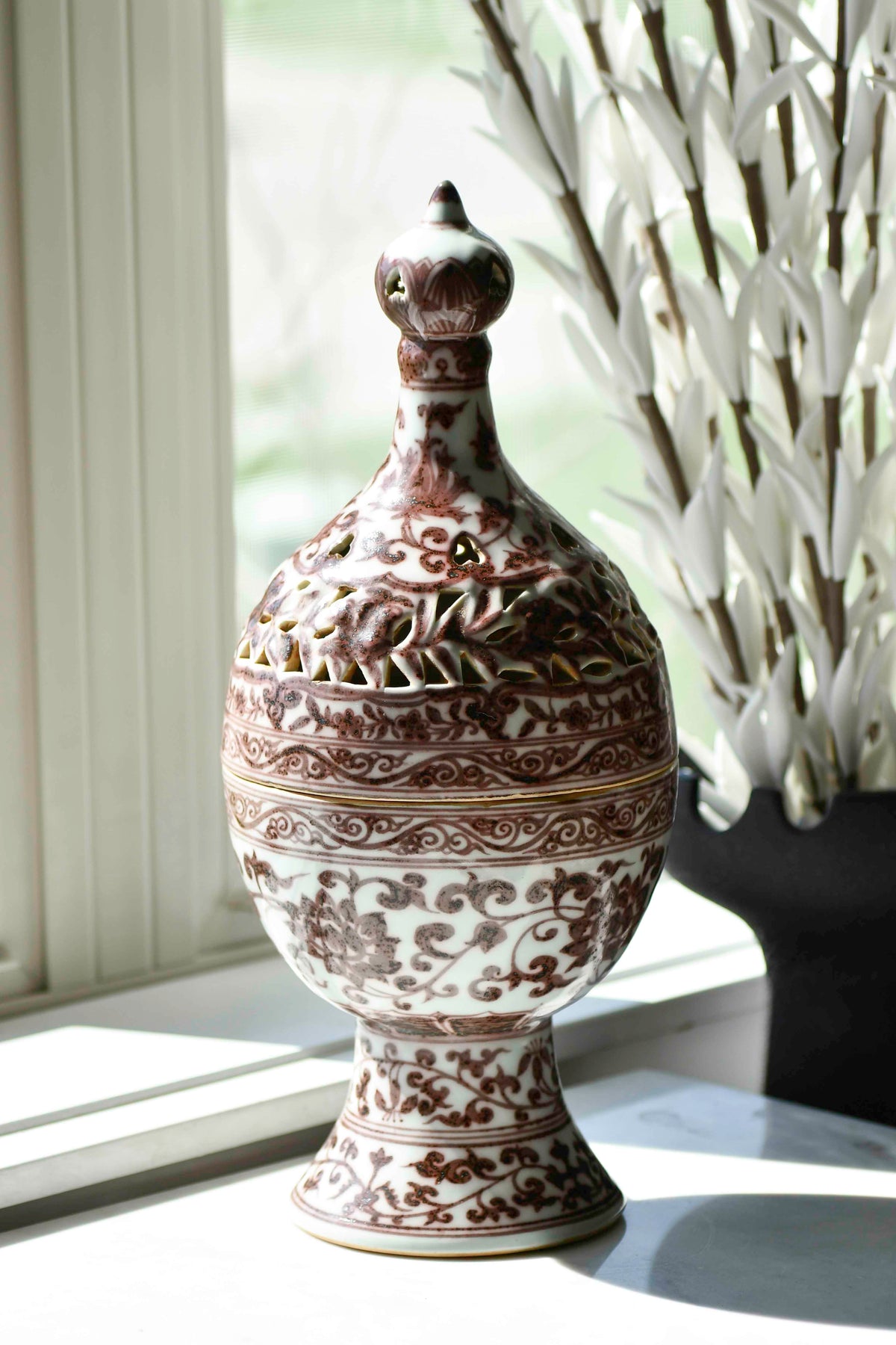 Large Incense Burner with Red Underglaze, 15"