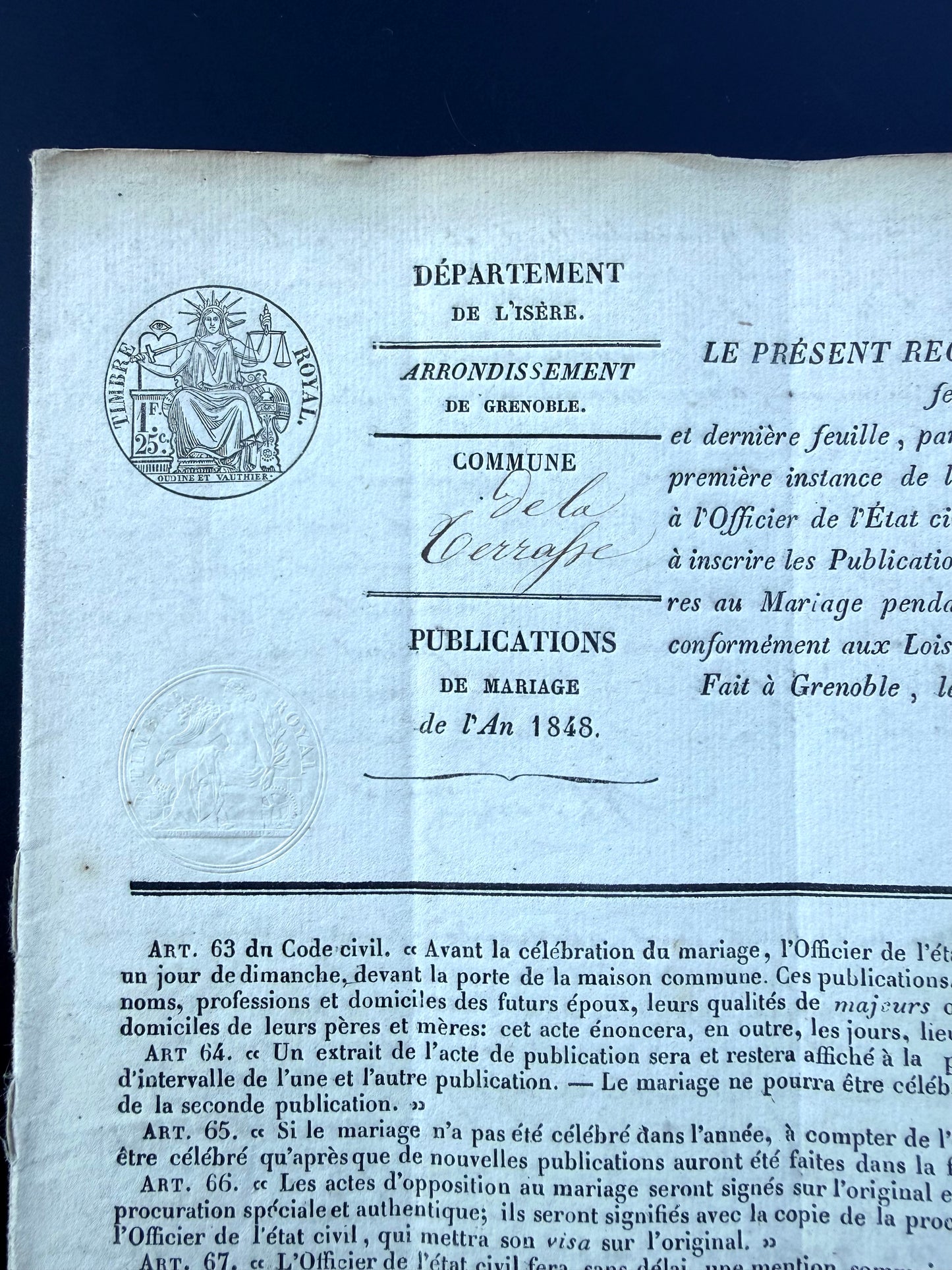 French Handwritten Marriage Registration Document, 1848