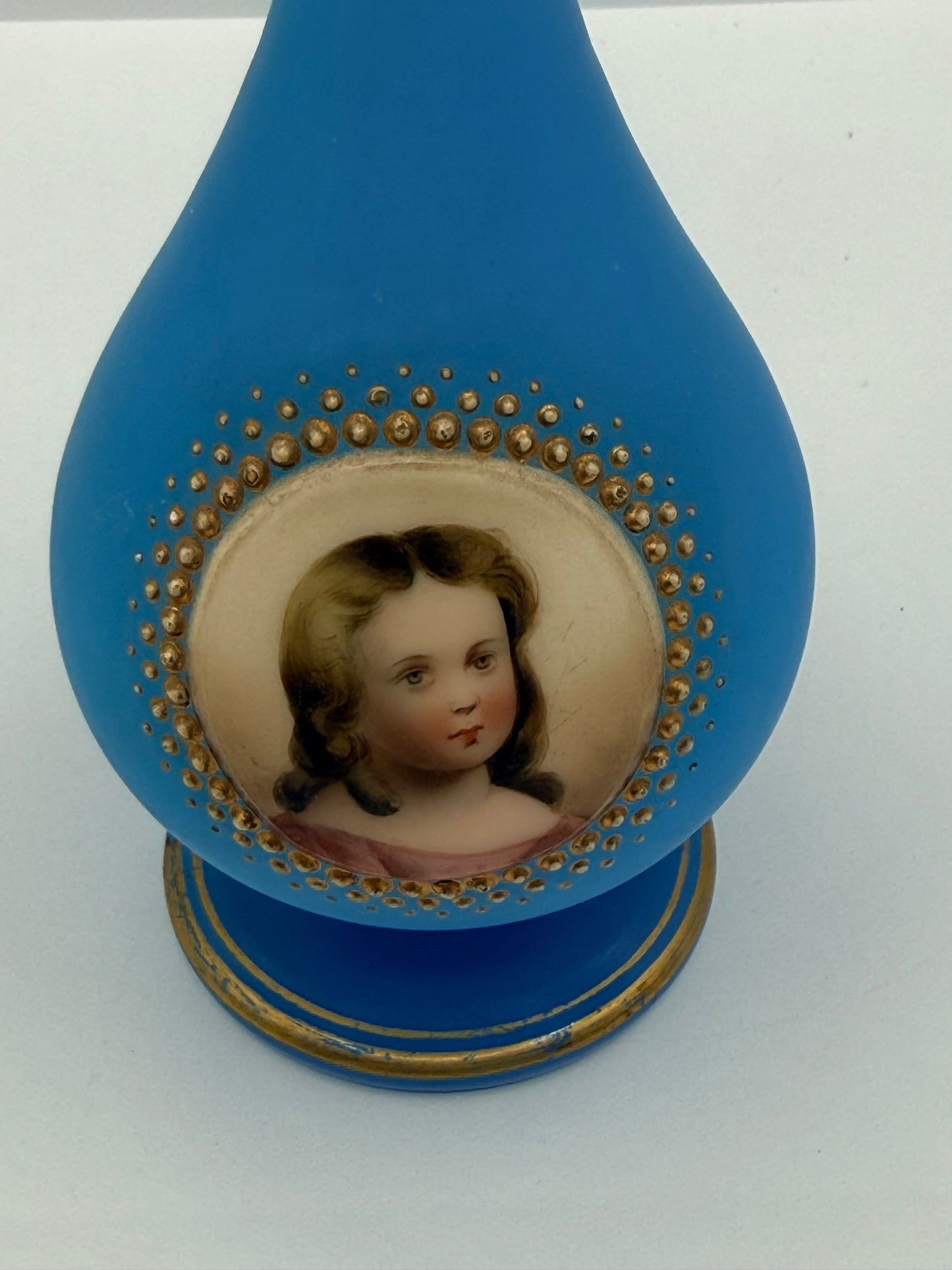 Vintage Blue Opaline Vase with Child Portrait