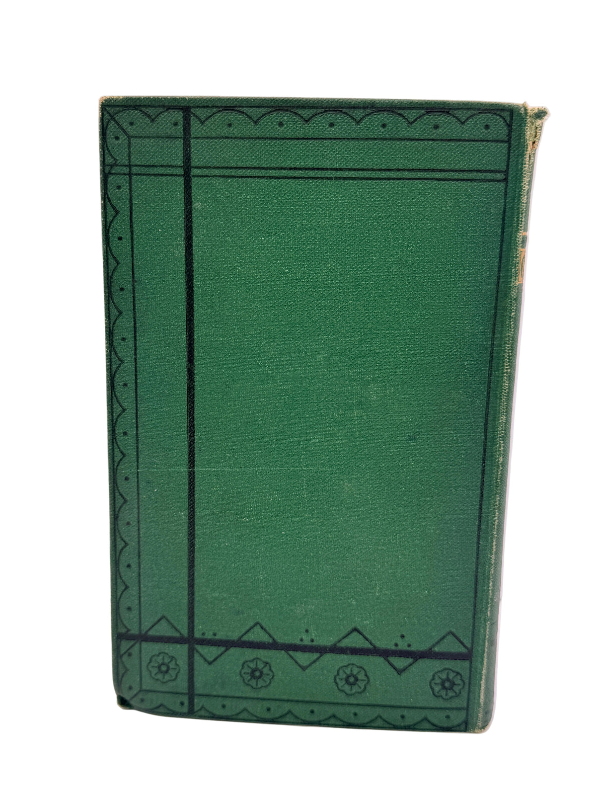 A vintage green cloth-bound book with black decorative border patterns on the cover, standing upright against a plain white background.