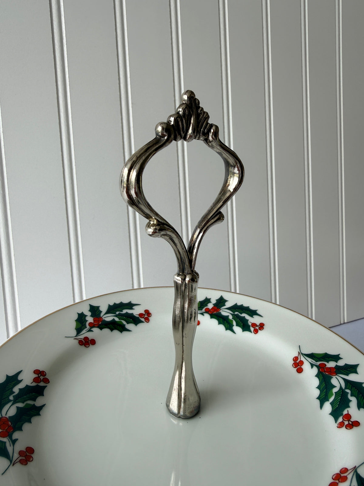 Vintage Christmas Holly Berry Pedestal Serving Plate Display