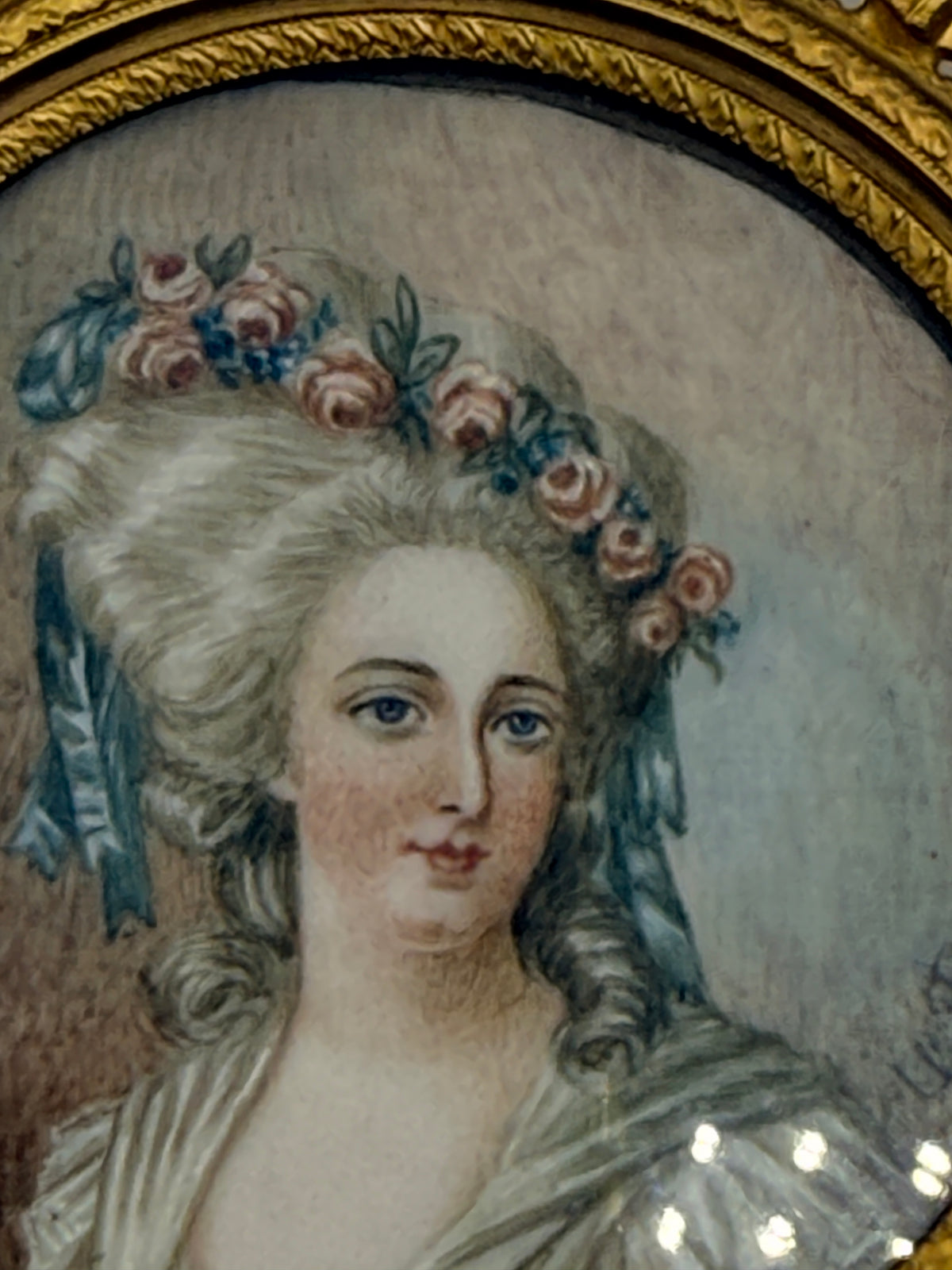 Miniature French Framed Female Portrait in Round Crowned Gold Frame, 3”