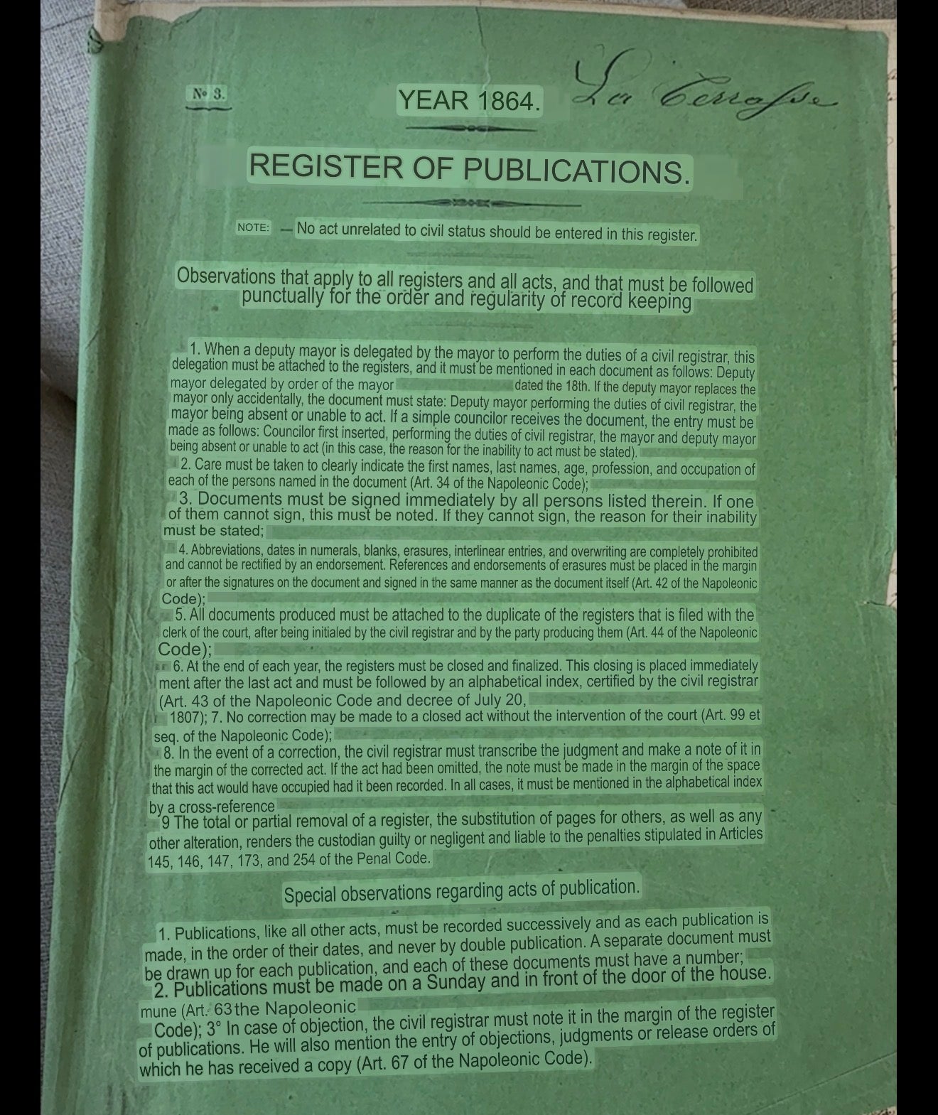 French Handwritten Multi-Page Registrar Document, 1864